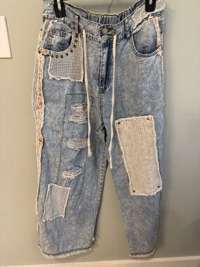 Light Blue Distressed Patchwork Women’s Jeans